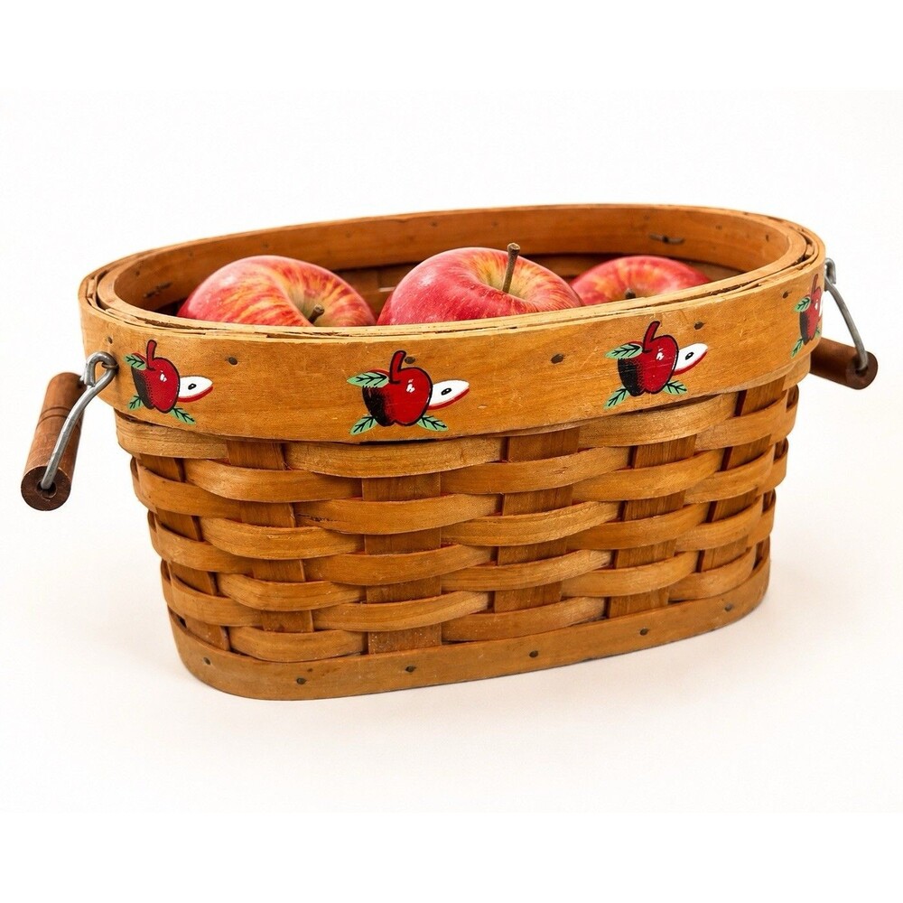 Apple Basket Oval Woven Wood w Wood Handles Vintage 10” Cottage Core Farmhouse